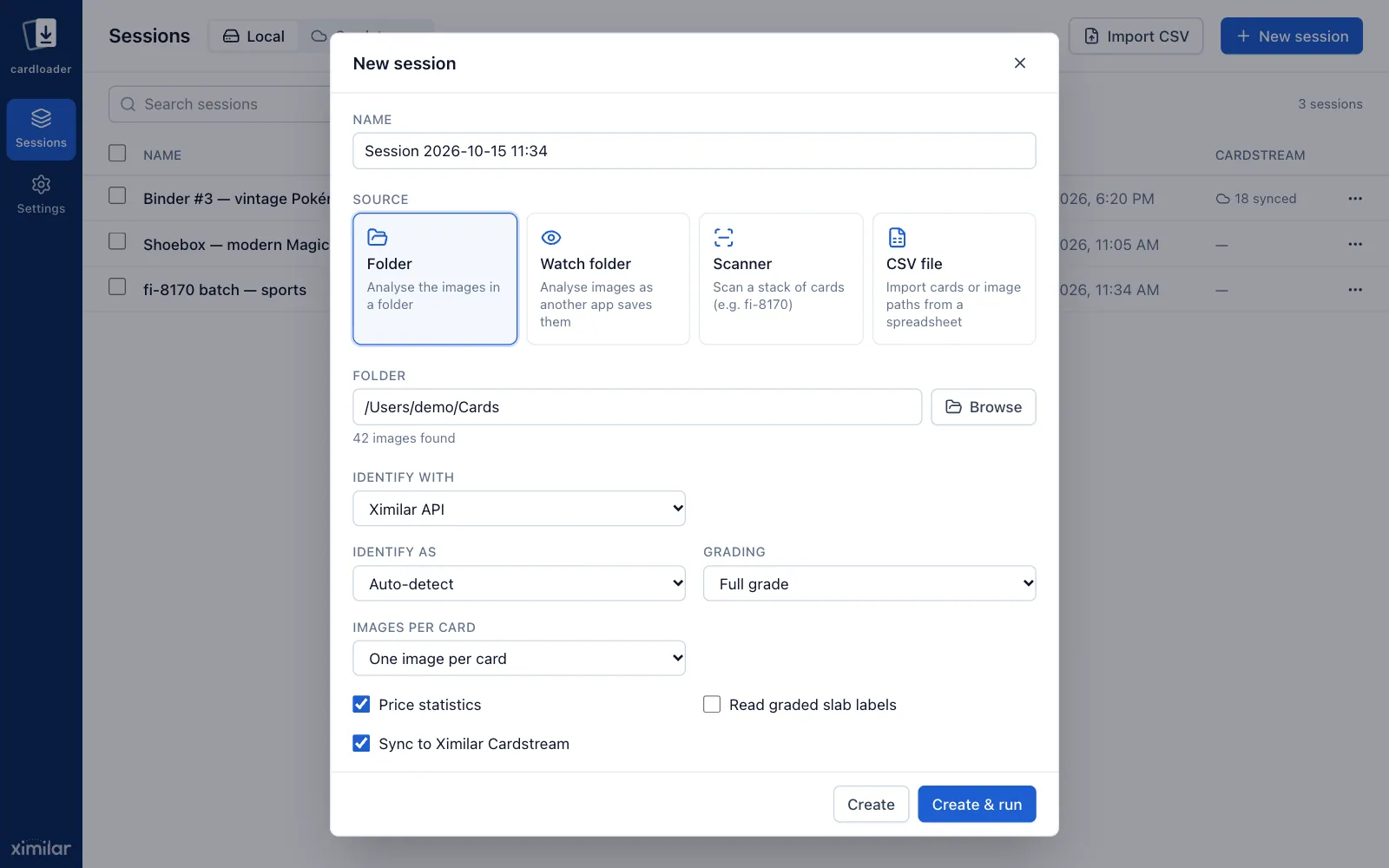 New session dialog in Cardloader: folder, watch folder, scanner or CSV source, identification engine and grading options